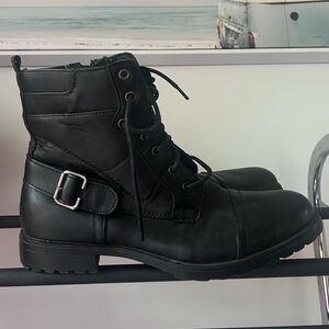 Nevada combat boots leather lace up winter fall moto biker black silver classy